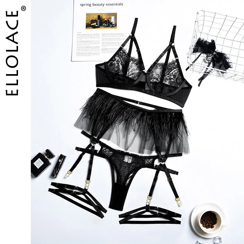 Ellolace Fancy Feather Lingerie 3-Pieces Sensual Underwear Lace Underwire Bra Ruffled Garters Transparent Beautiful Bilizna Set