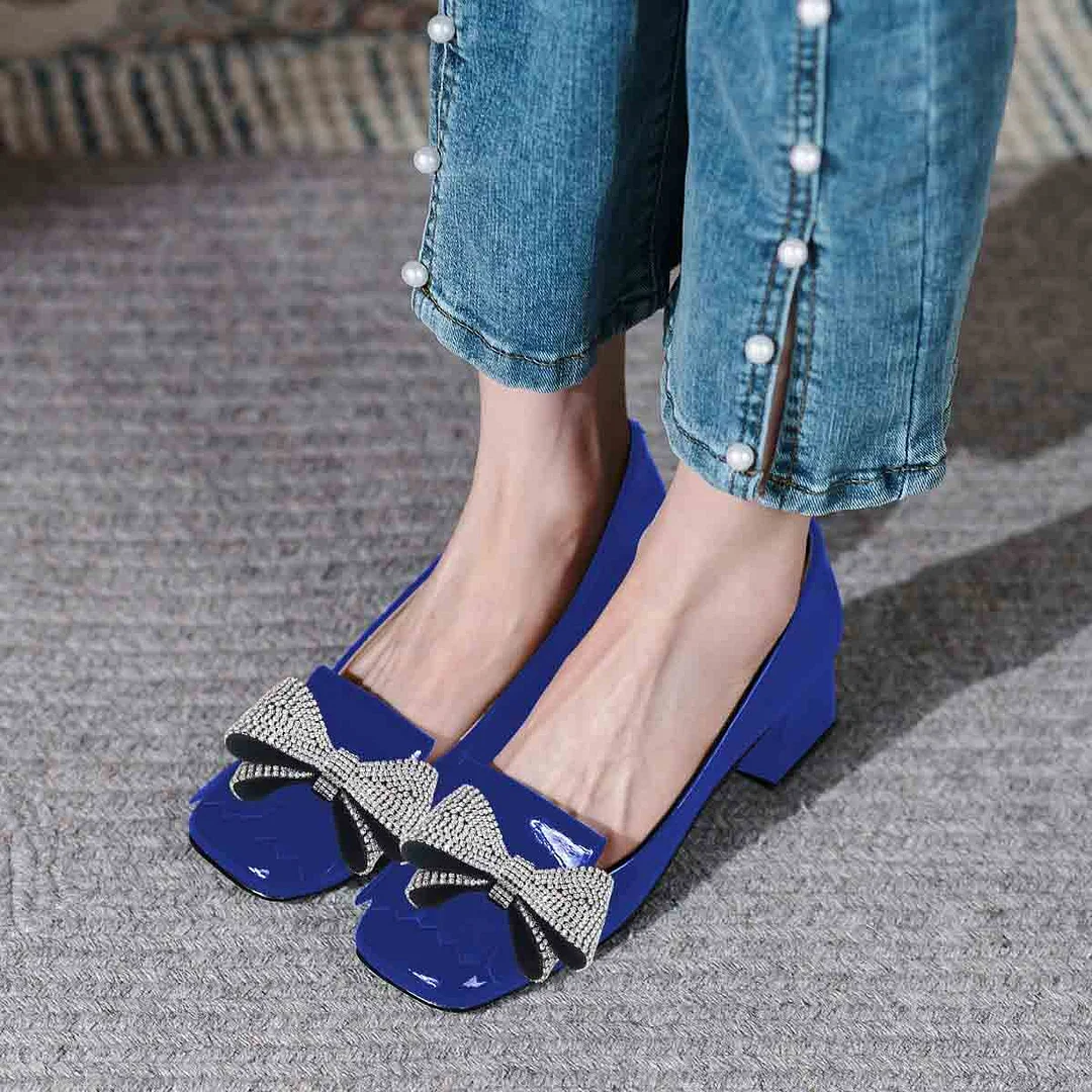 YDN Shiny Blue Rhinestone Bow Square Toe Fringe Low Heel Pumps