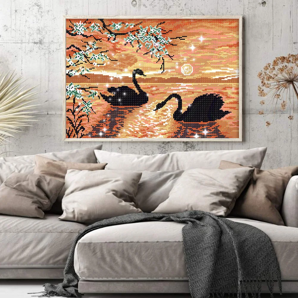 9CT Full Cross Stitch Bead Embroidery - Swan Lake(Canvas|50*36CM)
