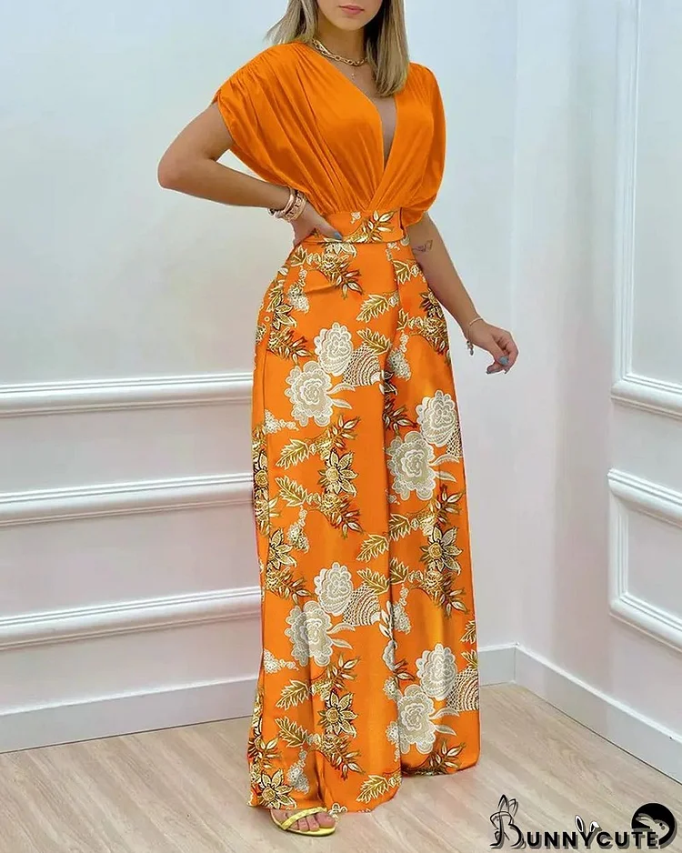 Women's Spring Summer Solid Bat Sleeves Top Print Wide Leg Pants Two-Piece Set