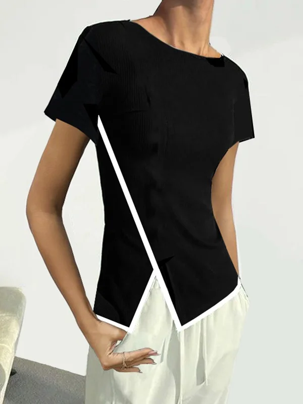 Short Sleeves Skinny Asymmetric Contrast Color Split-Front Round-Neck T-Shirts Tops