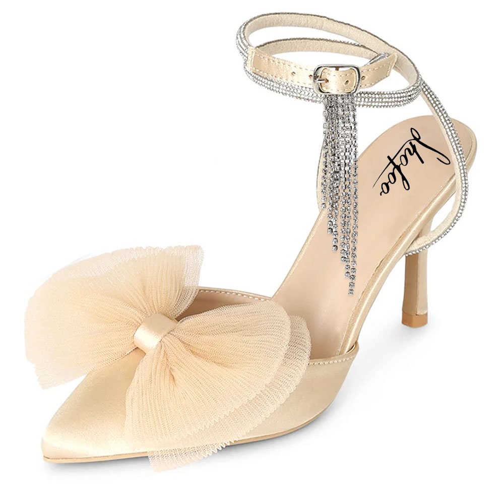 Champagne Closed Toe Pumps Rhinestone Stiletto Bow Ankle Strap Pumps Nicepairs