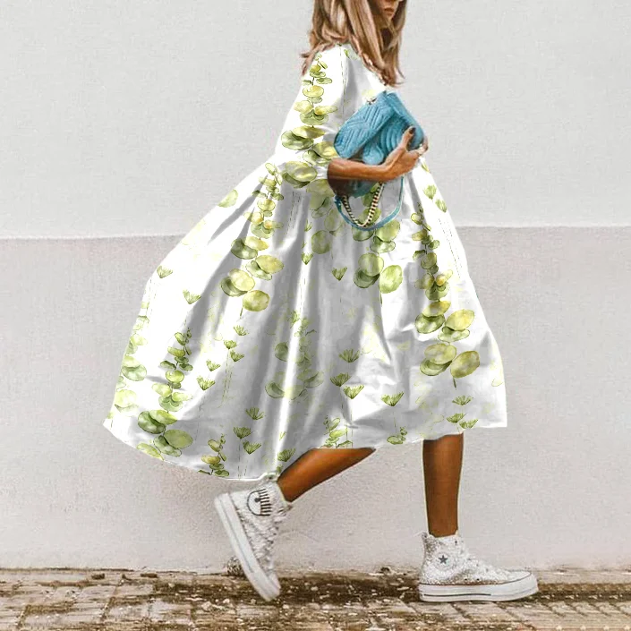 Fashion Leaf Print Loose Holiday Midi Dress