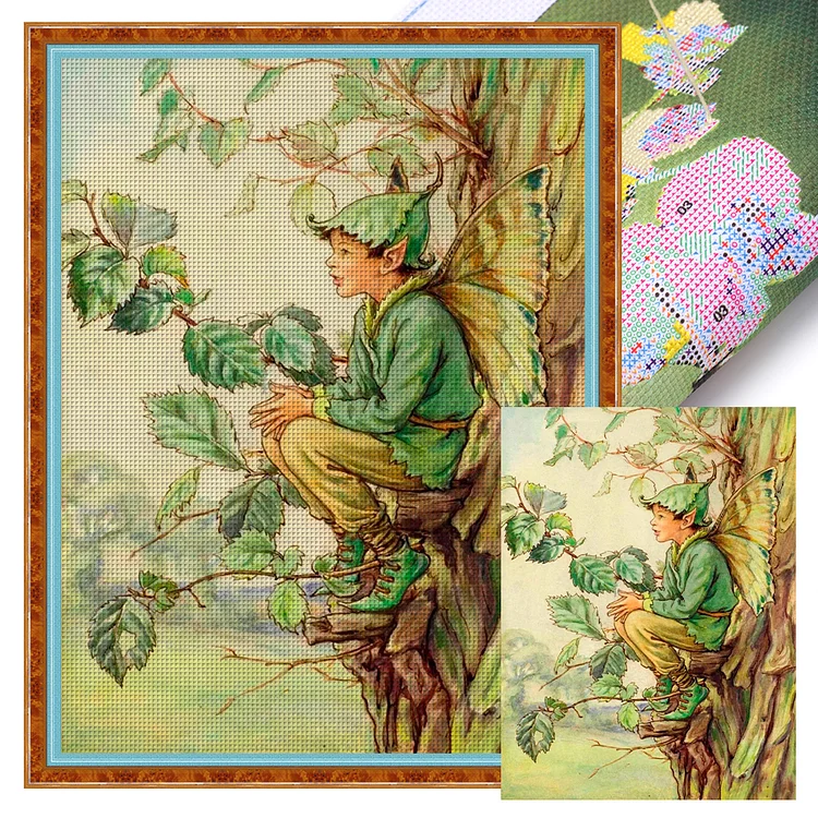 Green Elf On The Tree - Printed Cross Stitch 11CT 40*55CM