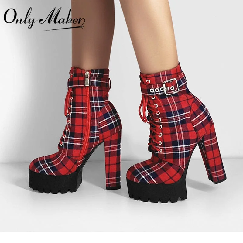 OnlyMaker Women's Platform Ankle Boots Buckle Strap Chunky Heel Red Plaid Lace Up Side Zipper Round Toe Booties For Winter