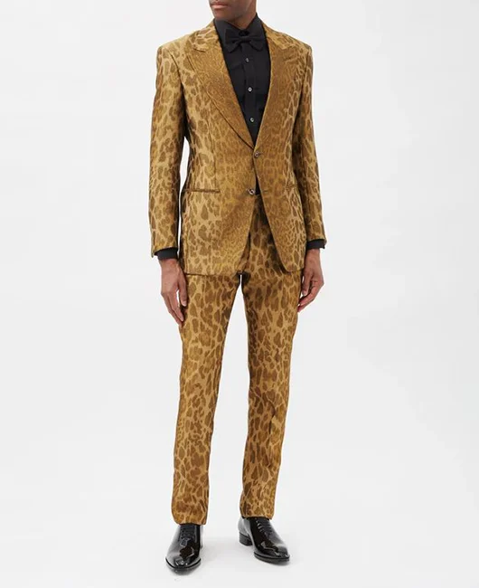 Formal Leopard Pattern Silk Blazer & Pant 2Pcs Set 