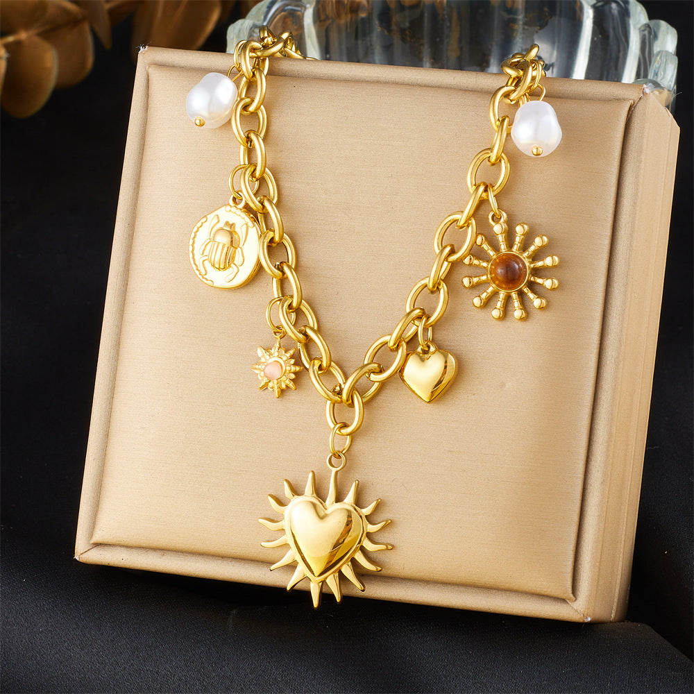 Fashion Retro Gold-Plated Thick Chain Sun Love Heart Pearl Insect Round Plate Stainless Steel Pendant Necklace