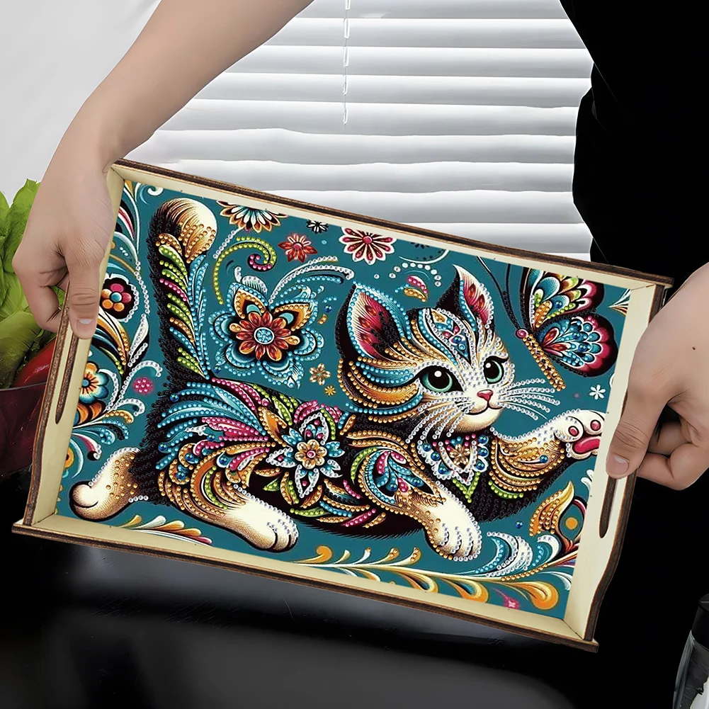 DIY Diamond Painted Dining Plate with Handle Wooden Food Tray Home Decor Gift