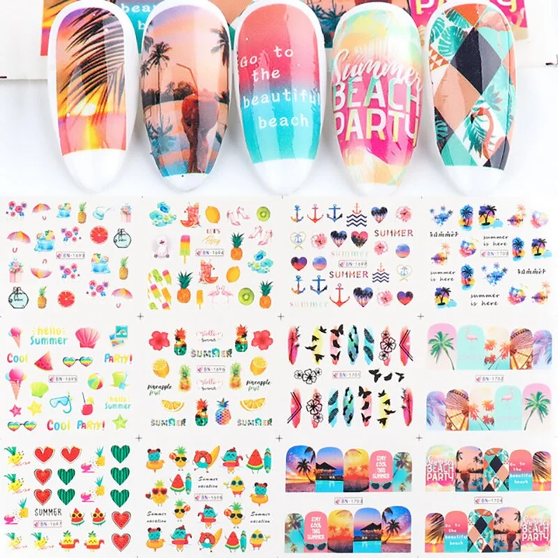 Nail Stickers 12Pcs/Set Water Transfer Summer Ice Cream Coconut Tree Fruit Designs Nail Decal Decoration Tips For Beauty Salons