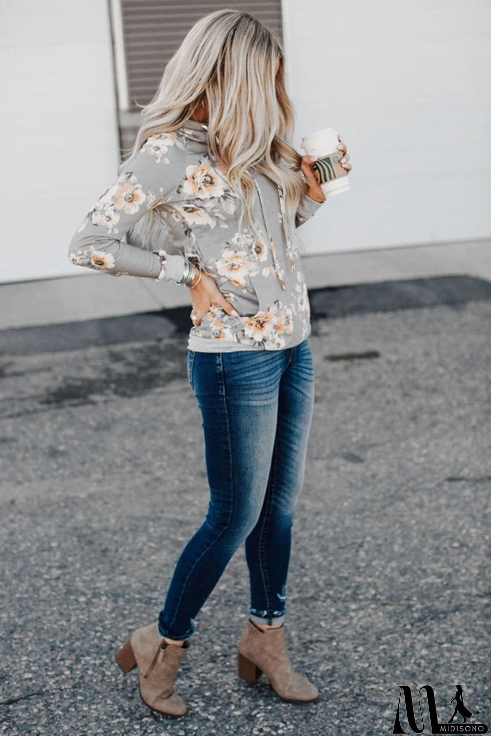 MidiSono - Floral Hoodie with Kangaroo Pocket