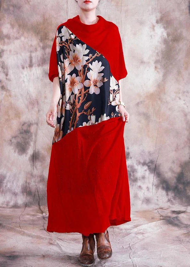 Women patchwork prints clothes For Women Neckline red long Dress fall