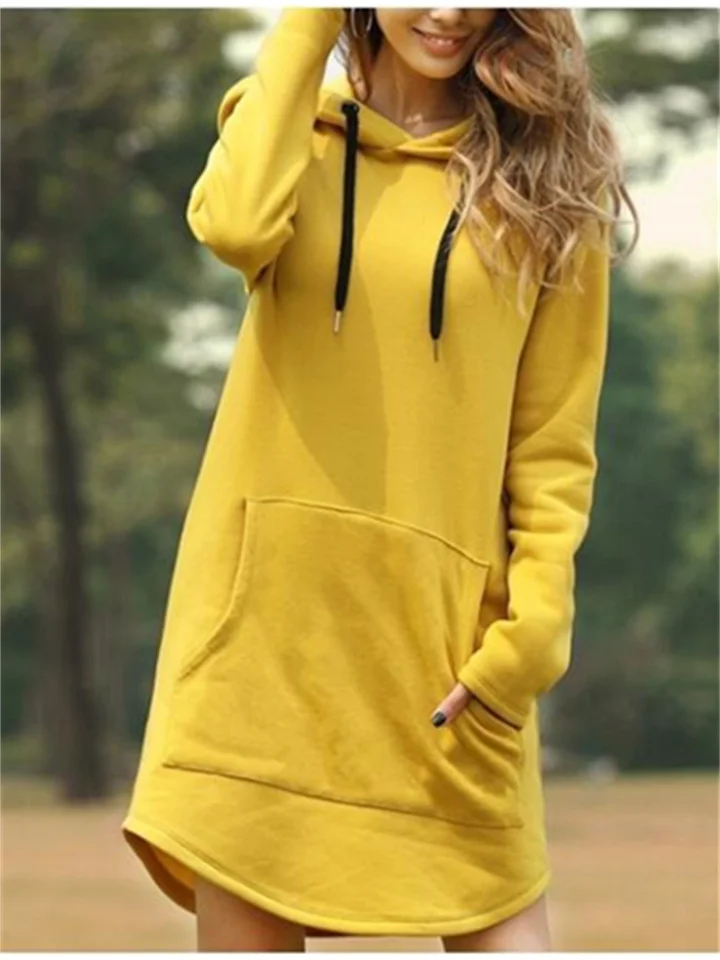 Autumn and Winter New Large Size Women's Loose Solid Color Pockets Long-sleeved Hoodie Casual Comfortable Dresses