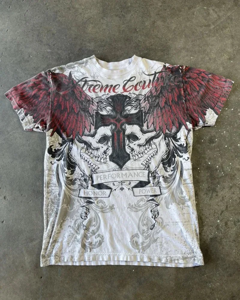 Aonga Y2K Affliction T shirt Men Women Hip Hop skull Printed Round Neck Oversized T shirt Short Sleeved Goth Clothing Tops Streetwear aonga