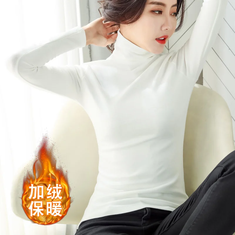 Brownm Brownm Autumn / Winter High Collar And Velvet Bottom Shirt Women Long Sleeve Pure Color Korean Women's Wear Warm Slim Slim T-Shirt Women Tide