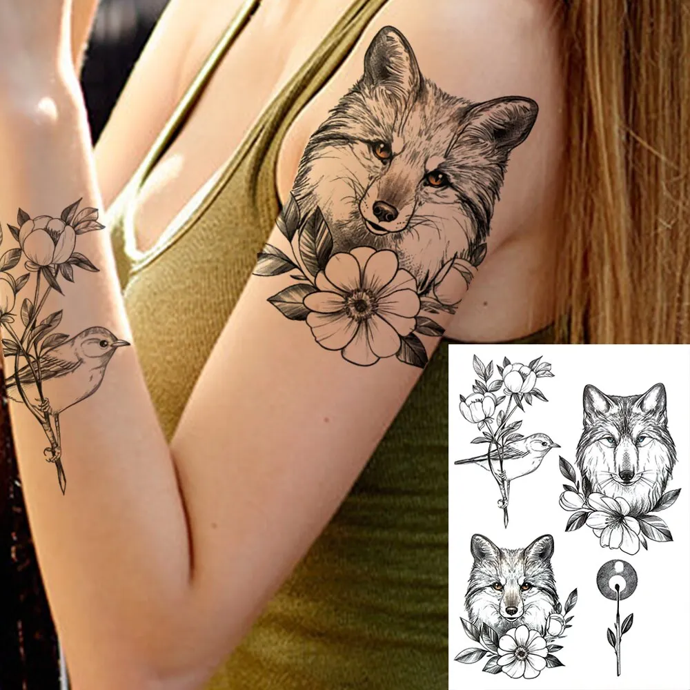 3D Flower Triangle Temporary Tattoos For Women Girl Fake Wolf Deer Geometry Tattoo Sticker Peony Dahlia Body Art Adults Tatoos