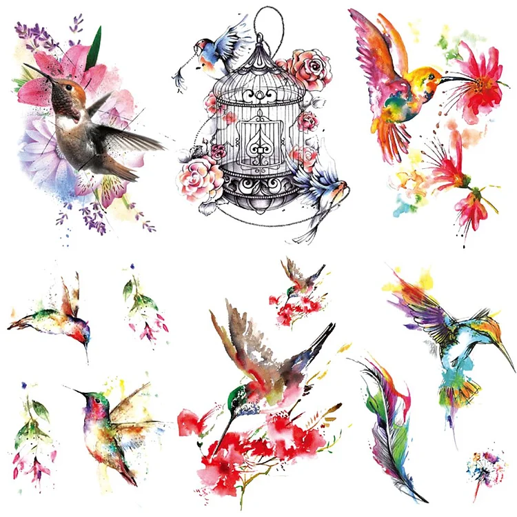 6 Sheets Watercolor Bird Half Arm Temporary Tattoo Stickers