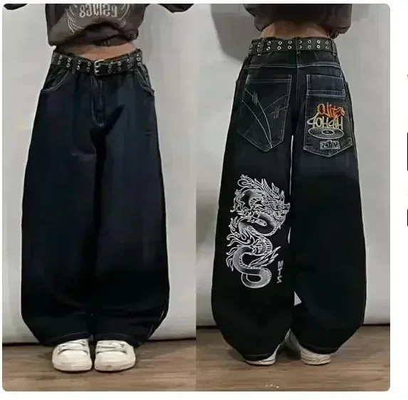 Aonga American New Street Hip-Hop Loose Jeans Y2K Vintage Harajuku Cowboy Pants Men's Women's Gothic Punk High Waist Wide Leg Pants aonga