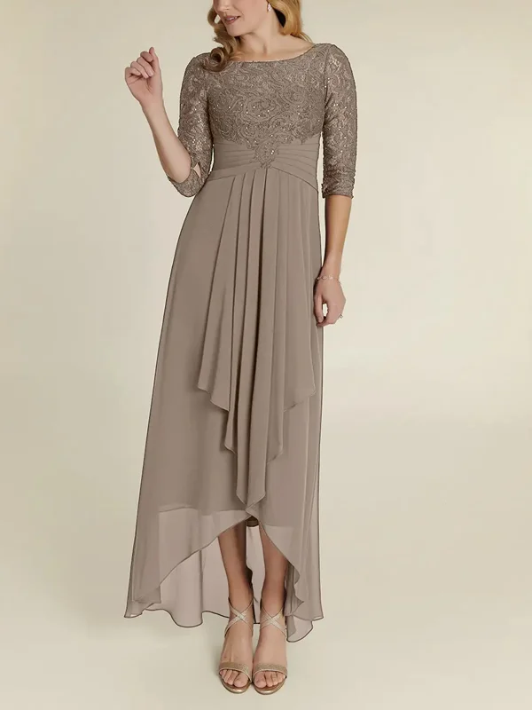 Round Neck Lace Pure Color Chiffon Maxi Dress