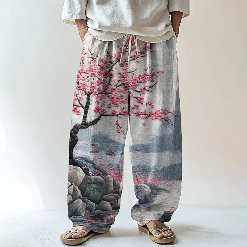 Men's Cherry Blossom Riverbank Scenery Printed Casual Pants  artssus