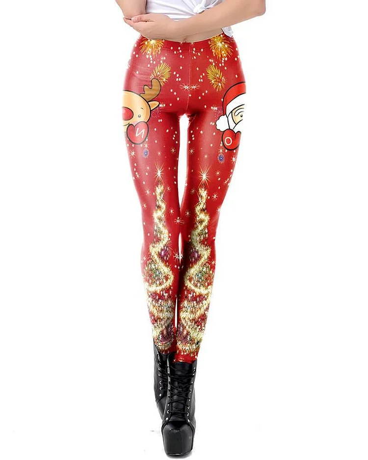 Mayoulove Funny Santa Claus And Rudolf Red Merry Christmas Leggings-Mayoulove