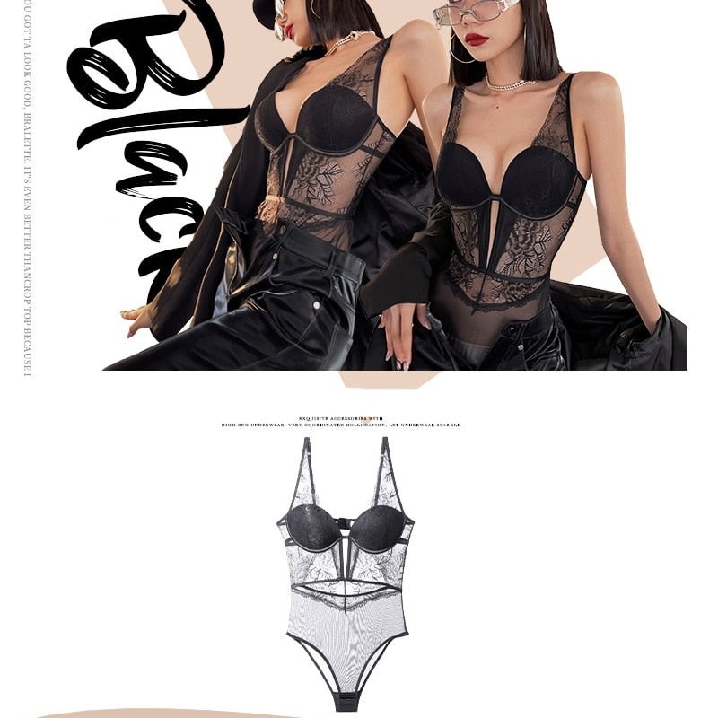 French Sexy Lace Bodysuit Women Flowers Embroidery Underwear Push Up Bra Set Classic Black Transparent Shapewear Hollow Bodycon