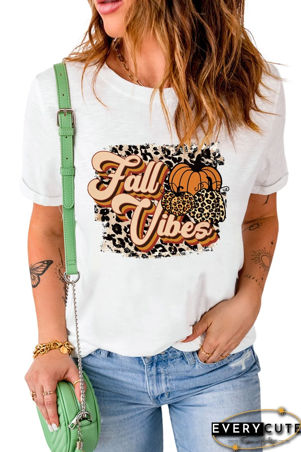 White Fall Vibes Pumkin Leopard Graphic Tee