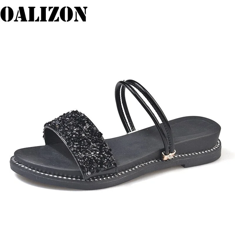 Summer Luxury Diamante Rhinestone Women Low Wedge Heel Slippers Shoes Lady Flat Sandals Flip Flop Casual Slingback Sandals Shoes