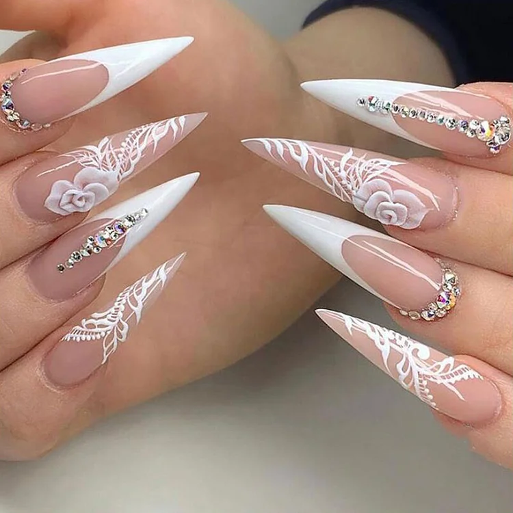 white rose with diamonds ultra-thin removable false nails