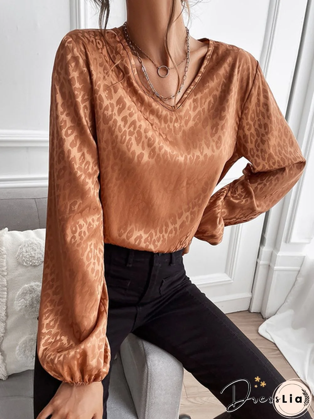 XS-8XL Spring Summer Tops Plus Size Fashion Clothes Women's Casual Long Sleeve Shirts Leopard Printed Chiffon Blouses Ladies Deep V-neck Loose T-shirts