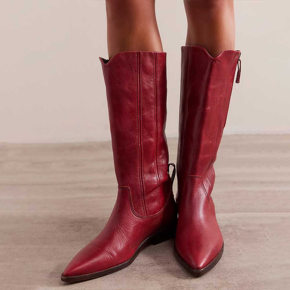 Pull Tab Pointed Toe Low Heel Mid Calf Boots with Zipper in Maroon Nicepairs