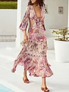 Sexy V-neck Mandarin Sleeve Floral Printed Maxi Dress