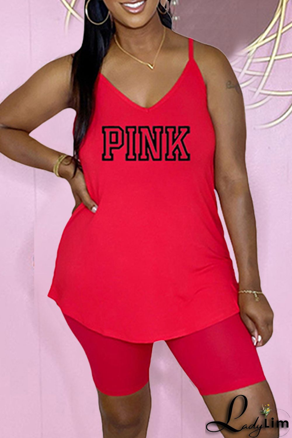 Yellow Sexy Casual Letter Print Basic V Neck Sleeveless Two Pieces