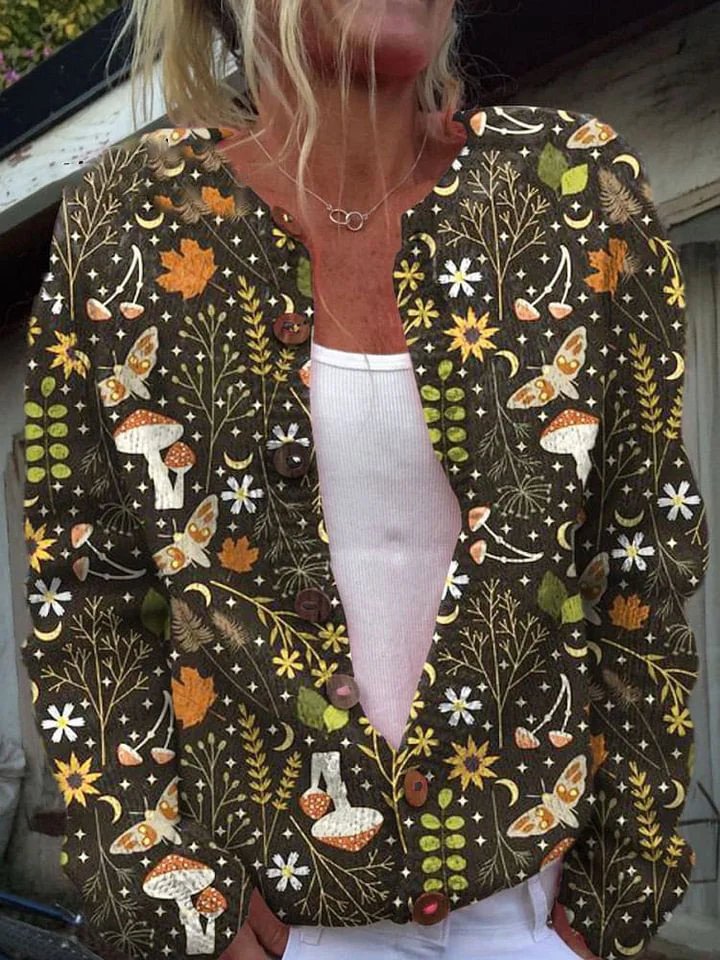 Women's Vintage Lovely Floral Mushroom Art Print Buttoned Cardigan Sweater