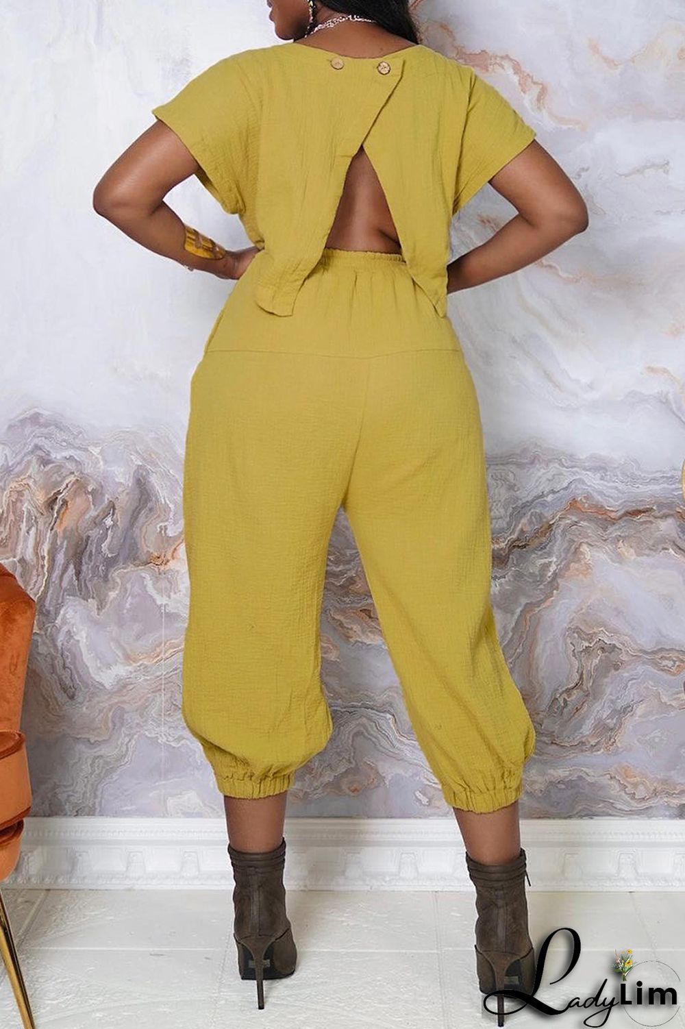 Army Green Fashion Casual Solid Color Halter Short Sleeve Top Two Pieces Set