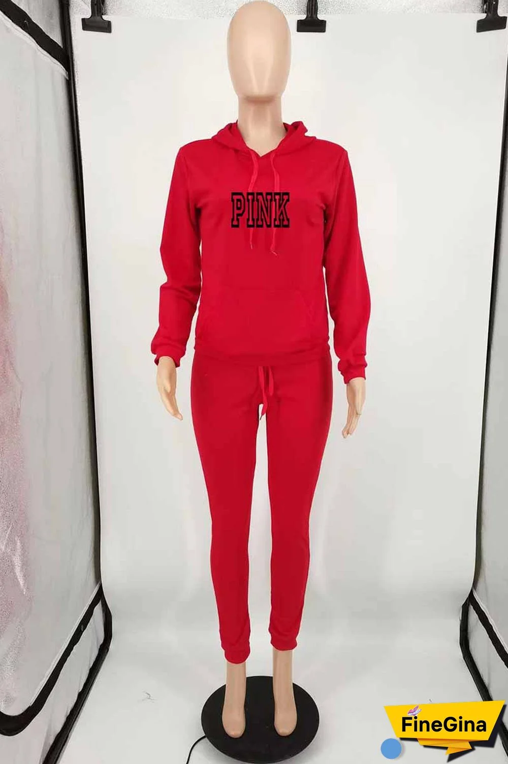 Red Casual Print Letter Hooded Collar Long Sleeve Two Pieces