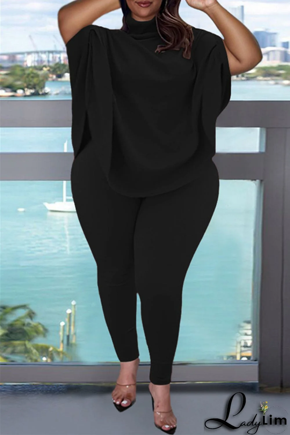 Pink Fashion Casual Solid Basic Turtleneck Short Sleeve Two Pieces