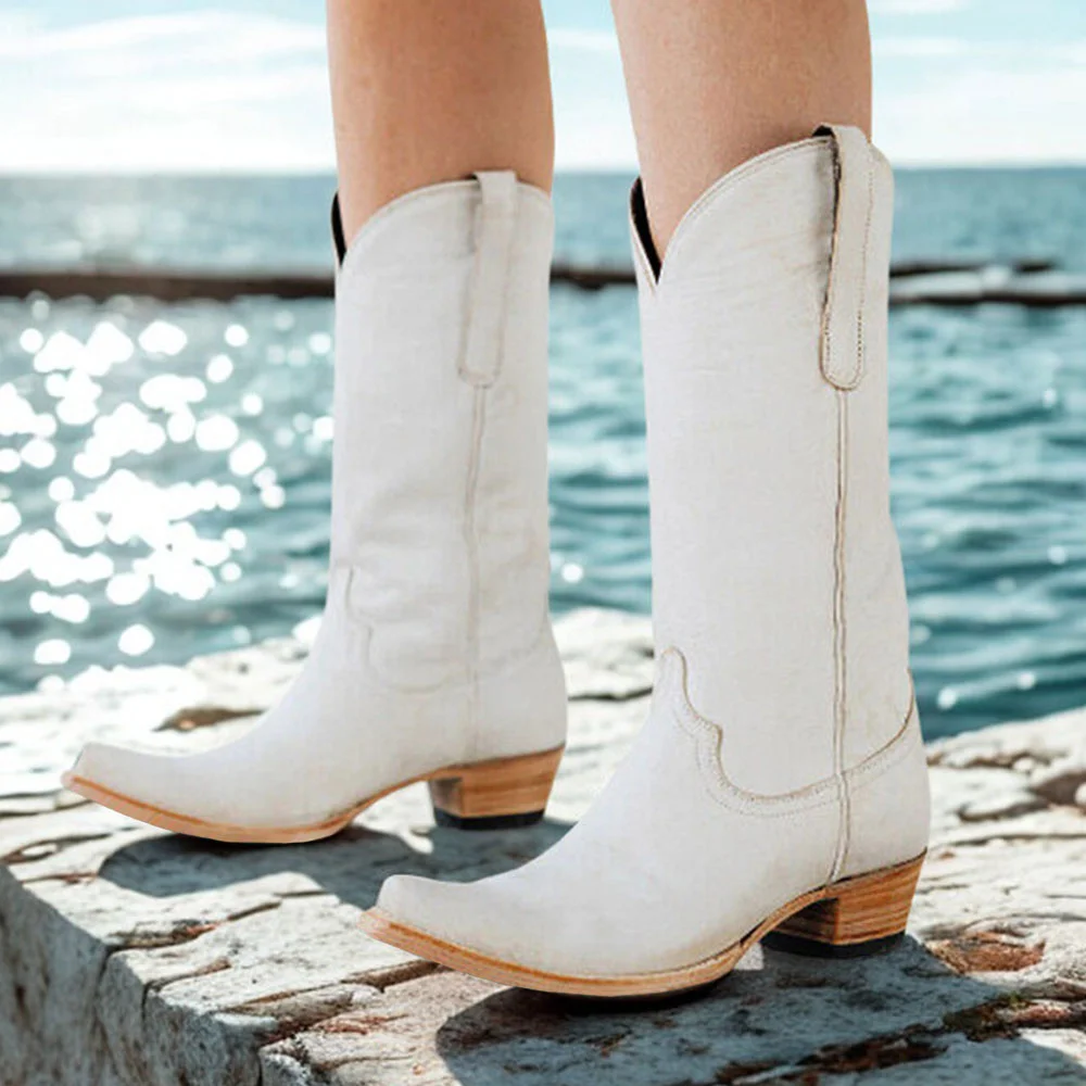 Ivory Snip Toe Chunky Heel Distressed Mid Calf Cowgirl Boots