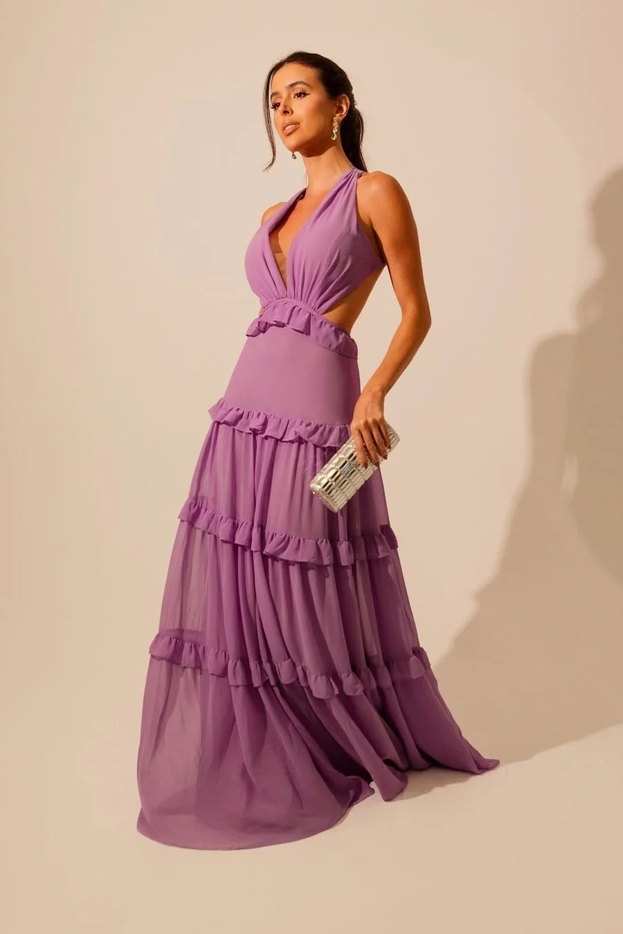 Daisda Sleeveless Deep V-Neck Halter Straps A-Line Prom Dress With Ruffles