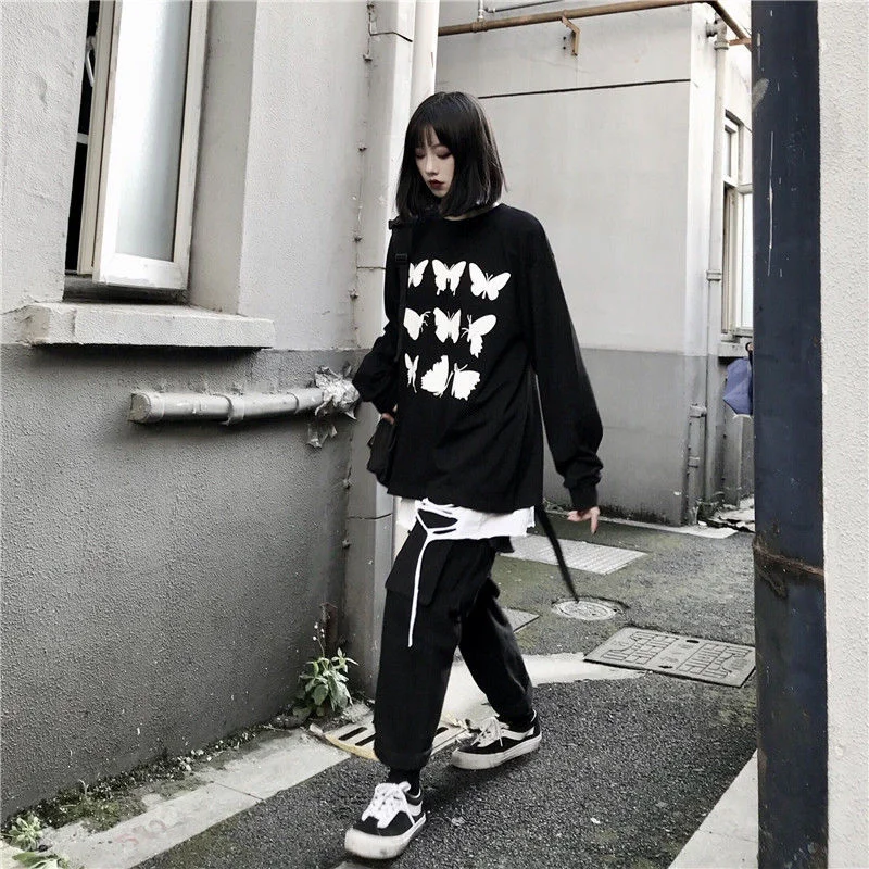Harajuku Butterfely Tops Women Cartoon Long Sleeve T Shirts Streetwear Summer Japan Loose Casual Cute High Street Tshirt Women