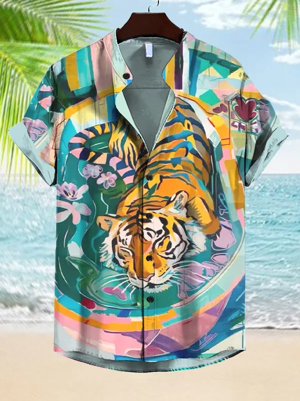 Men's Tiger Lying In The Bathtub Art Print Casual Shirt