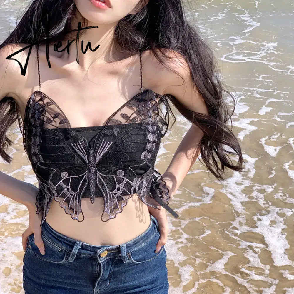 Aiertu Korean Black Y2k Crop Top Lace Butterfly Embroidery Camis Gothic Style Fairy Grunge Tank Tops  New Fashion Summer Streetwear Aiertu
