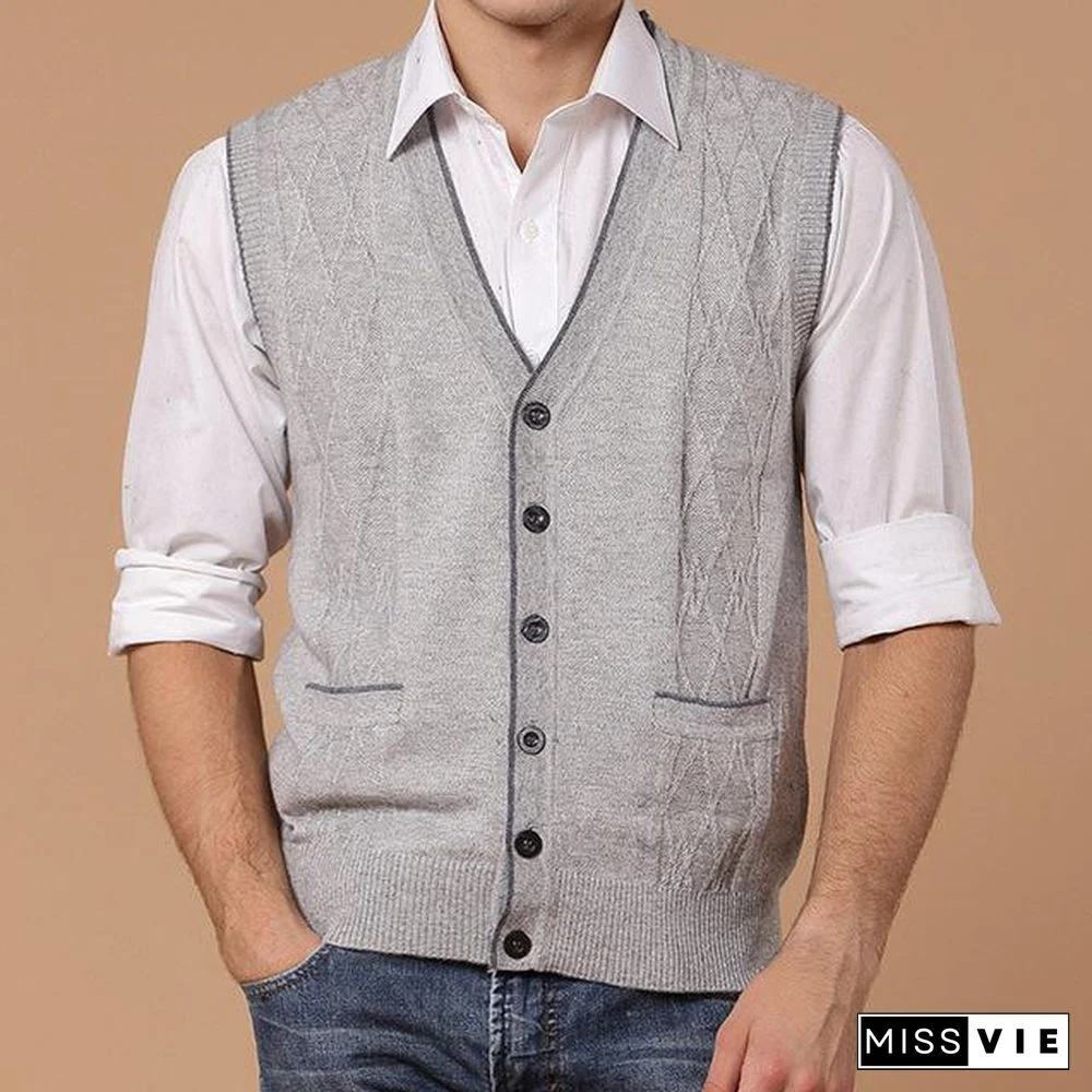 Men Autumn Winter Solid Business Mens Cashmere Knitted Vest V-neck Cardigan Men Brand Clothing