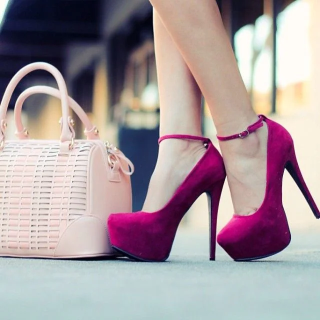 Magenta Platform Stiletto Heels Suede Almond Toe Ankle Strap Pumps |FSJ Shoes