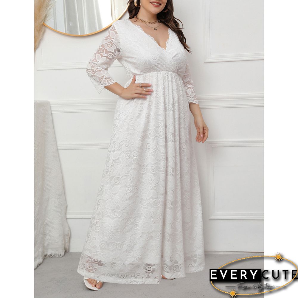 White V Neck Lace Plus Size Evening Dress