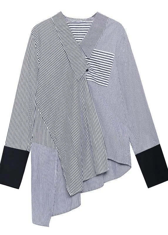Chic striped shirts women side open asymmetric tunic blouse