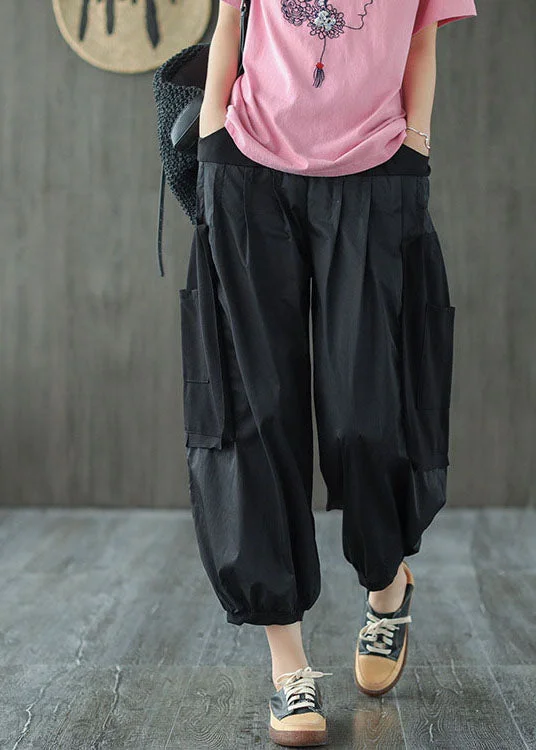 Style Black Pockets Patchwork Cotton Harem Pants Summer