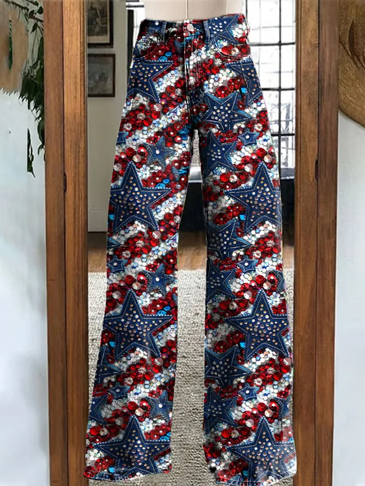 Women's Retro Fashion Star Glitter Print Wide Leg Pants