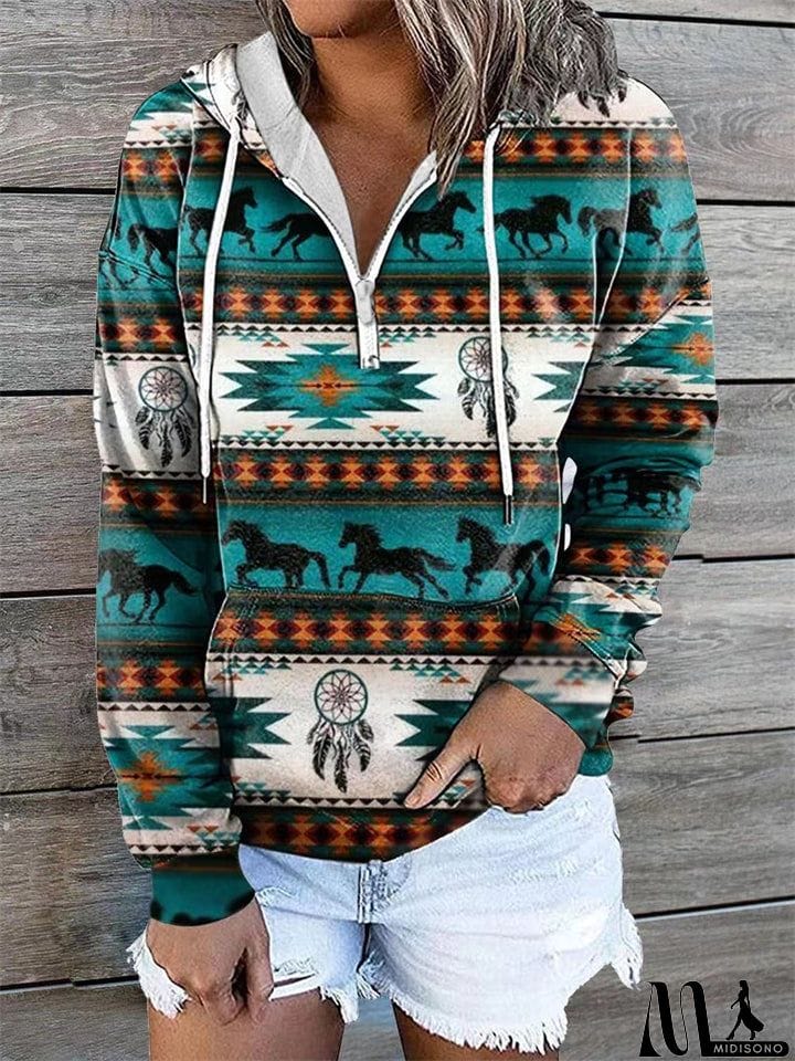 MidiSono - Women's Ethnic Diamond Printed Long Sleeve Pullover Hooded Sweatshirt