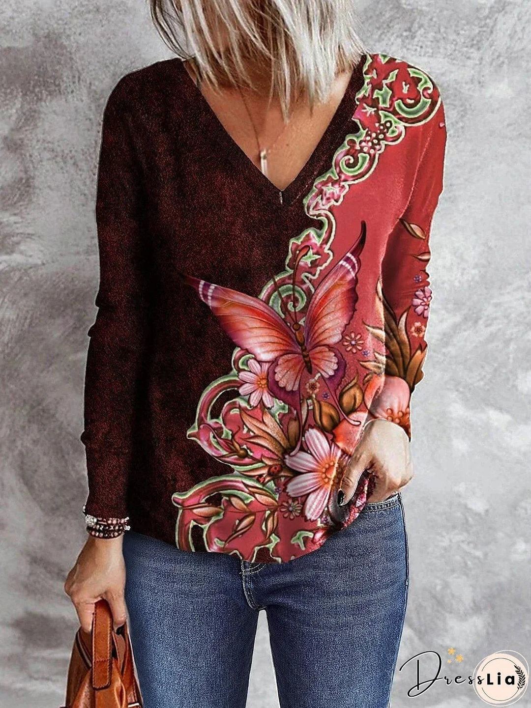 Floral Butterfly Long Sleeve V-Neck Top