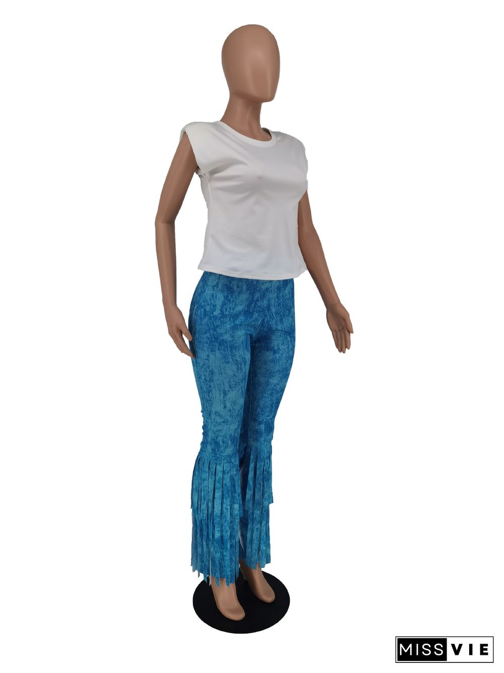 Tie Dye Print Elastic High Waist Bodycon Tassel Pants